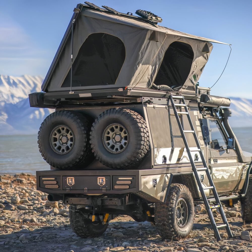 AB001 ALUMINUM BACK OPENING ROOF TOP TENT - 47 - TAUPE BODY & BLACK RAINFLY