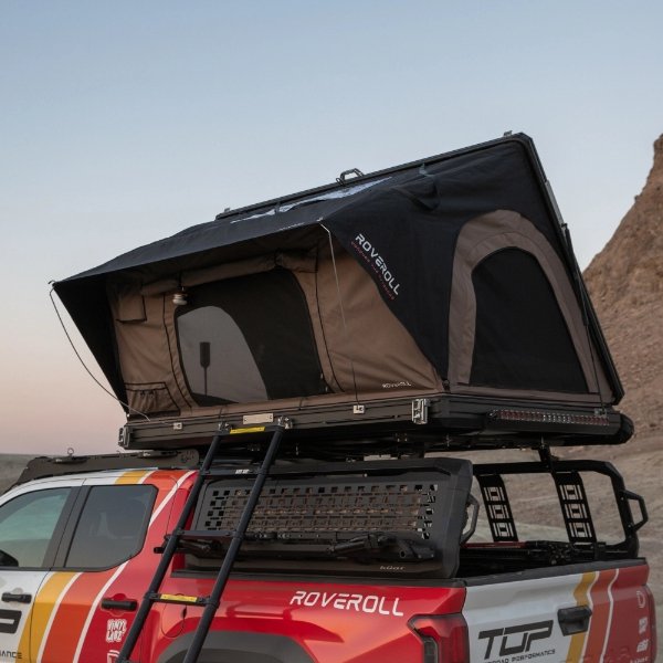 Angled rear-side view of ROVEROLL Aluminum Side Opening Hard Roof Top Tent