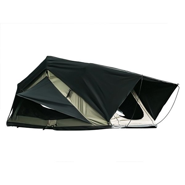 Angled side view of ROVEROLL Soft Shell Roof Top Tent in open position on white background