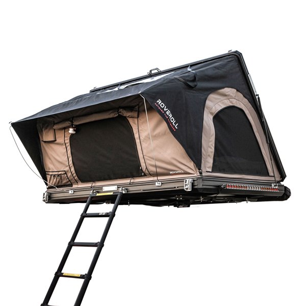 Angled side view on white background of opened ROVEROLL Aluminum Side Opening Hard Roof Top Tent for e-commerce
