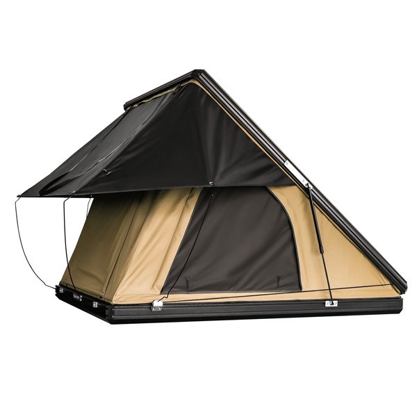 Angled view of the opened Roveroll Tri-Clam Hard Shell Roof Top Tent