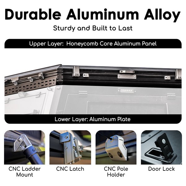 Durable aluminum frame, shell, and CNC components of ROVEROLL SkyNest Tent Combo