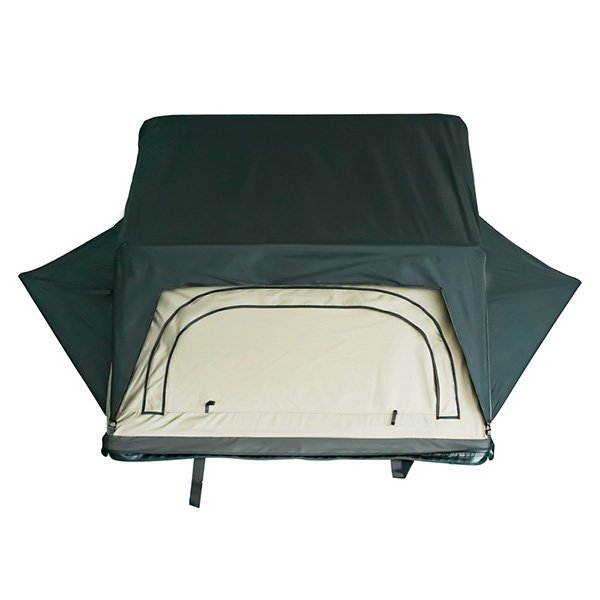 Front view of ROVEROLL Soft Shell Roof Top Tent in open position on white background