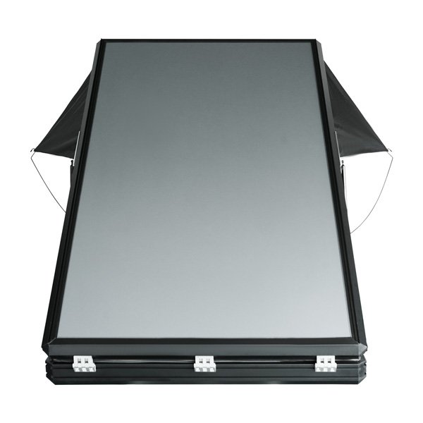 Front view of the opened lid of the Roveroll Tri-Clam Hard Shell Roof Top Tent