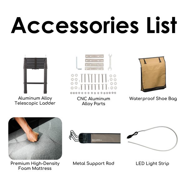 Included accessories with ROVEROLL Soft Shell Roof Top Tent