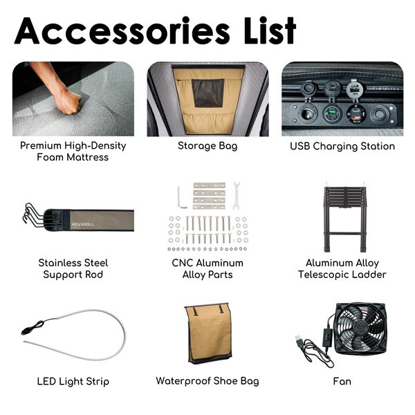 Included accessories with Roveroll Tri-Clam Hard Shell Roof Top Tent