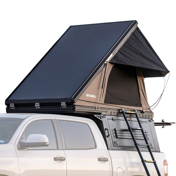 Left front angled view of opened ROVEROLL SkyNest Tent Combo