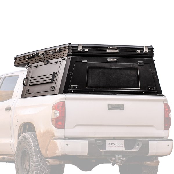 Left rear angled view of closed ROVEROLL SkyNest Tent Combo mounted on vehicle on white background