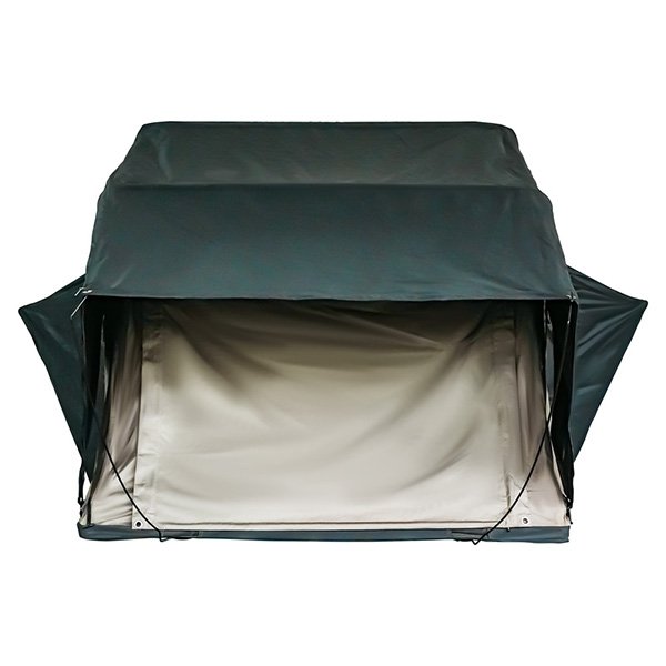 Rear view of ROVEROLL Soft Shell Roof Top Tent in open position on white background