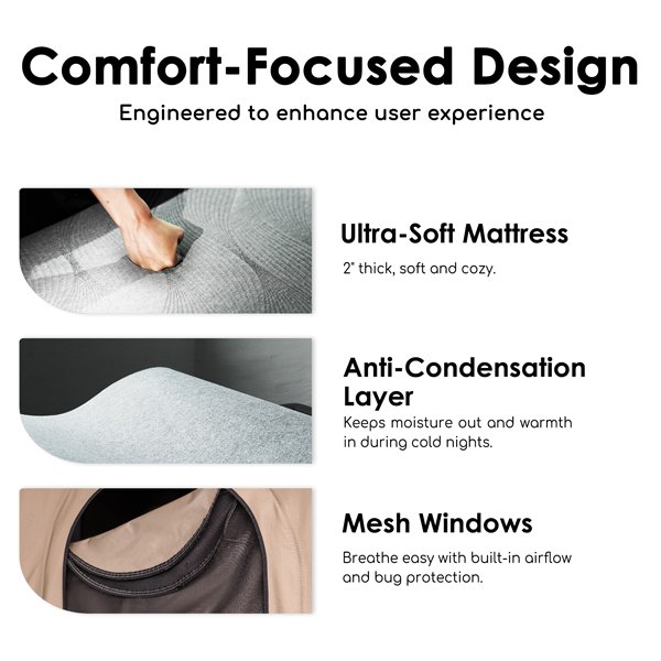 ROVEROLL ALUMINUM SIDE OPENING HARD ROOF TOP TENT interior design focused on comfort and ventilation