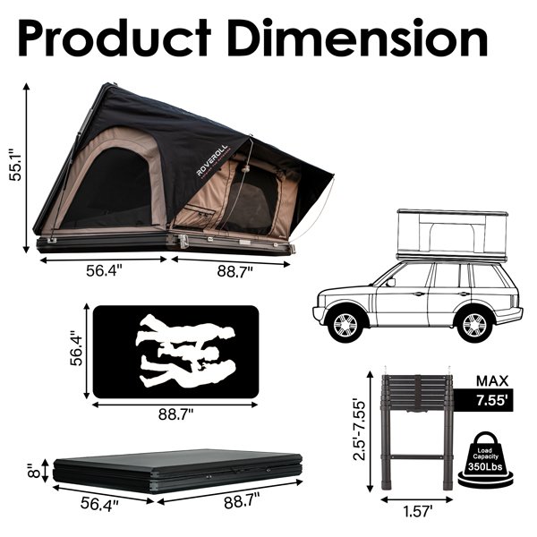 ROVEROLL ALUMINUM SIDE OPENING HARD ROOF TOP TENT Tent&ladder dimensions guide