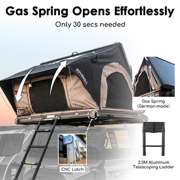 ROVEROLL ALUMINUM SIDE OPENING HARD ROOF TOP TENTgas spring-assisted opening system for quick setup