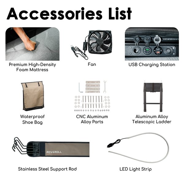 ROVEROLL ALUMINUM SIDE OPENING HARD ROOF TOP TENTincluded accessories