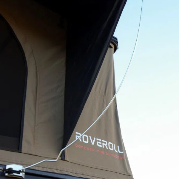 Roveroll Pop-up Roof Top Tent canopy close-up with reinforced stitching and fabric tension