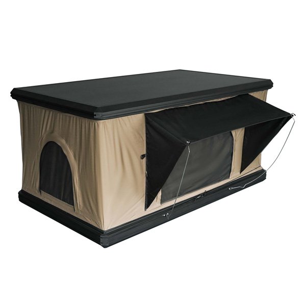 Roveroll Pop-up Roof Top Tent flat opened profile from angled side view