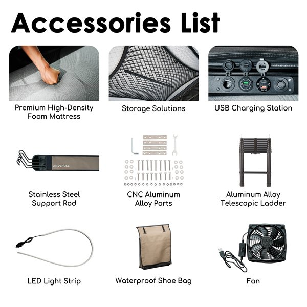 Roveroll Pop-up Roof Top Tent included accessories