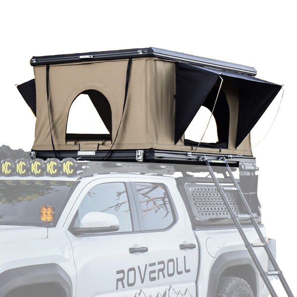 Roveroll Pop-up Roof Top Tent mounted truck, side profile in open position