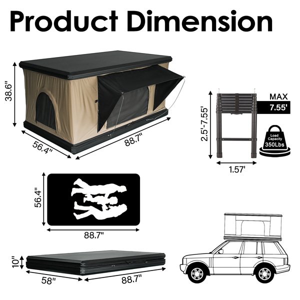 Roveroll Pop-up Roof Top Tent&ladder dimensions guide