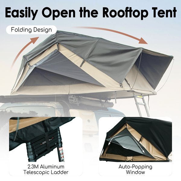 ROVEROLL Soft Shell Roof Top Tent gas spring-assisted opening system for quick setup