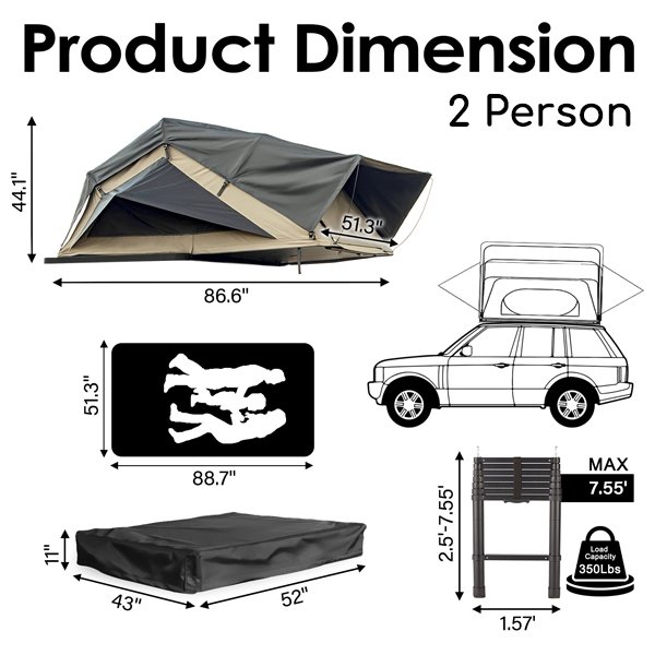 ROVEROLL Soft Shell Roof Top Tent&ladder dimensions(2 person)