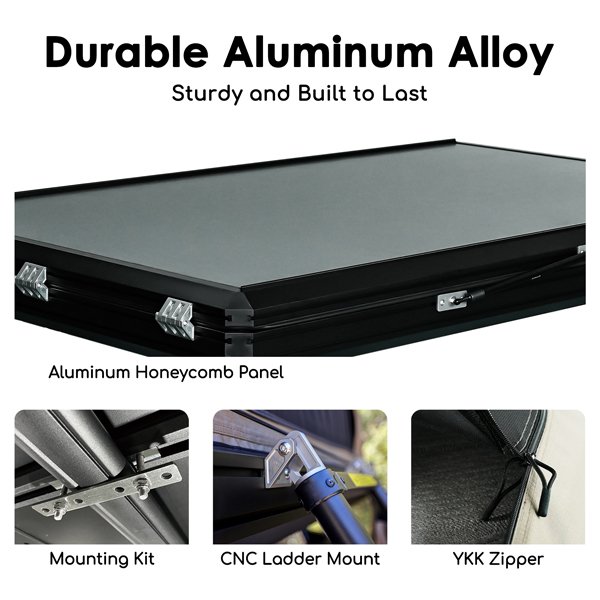 Roveroll Tri-Clam Hard Shell Roof Top Tent aluminum alloy structure with durable black coating