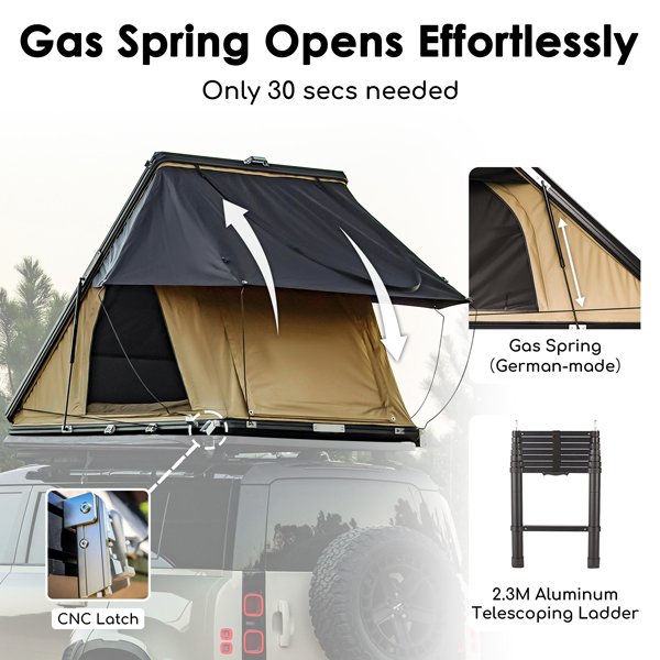 Roveroll Tri-Clam Hard Shell Roof Top Tent gas spring-assisted opening system for quick setup