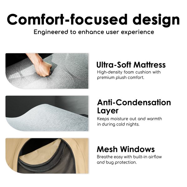 Roveroll Tri-Clam Hard Shell Roof Top Tent interior design focused on comfort and ventilation