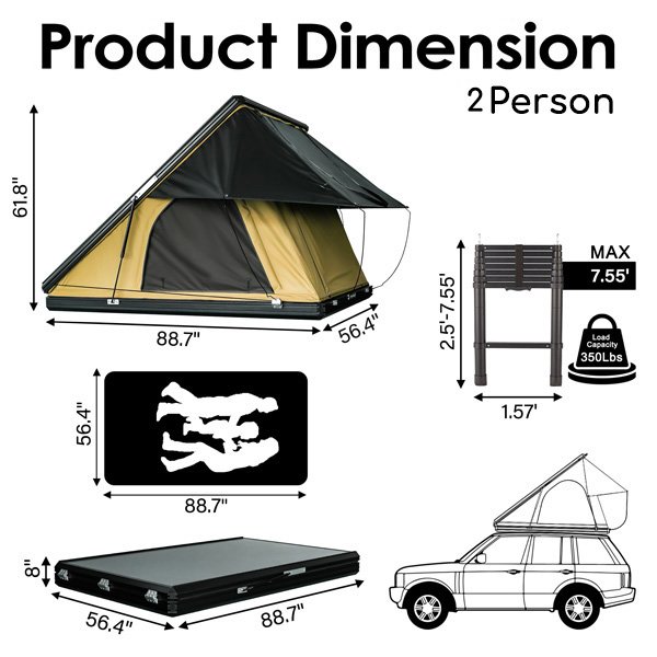 Roveroll Tri-Clam Hard Shell Roof Top Tent&ladder dimensions(2 person)