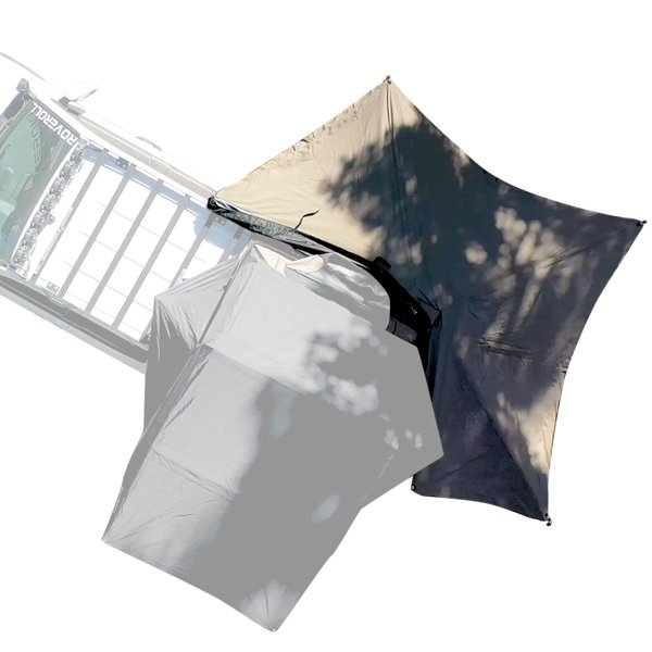 Angled downward view of ROVEROLL 270-degree awning mounted on vehicle