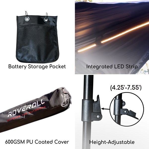 Detailed views of various components of ROVEROLL 270-degree awning
