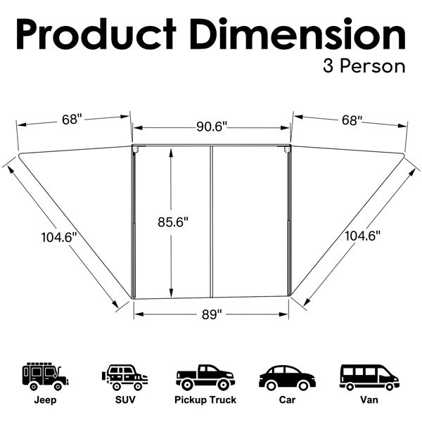 Dimension diagram of three-person size ROVEROLL 180 Degree FOX-Awning