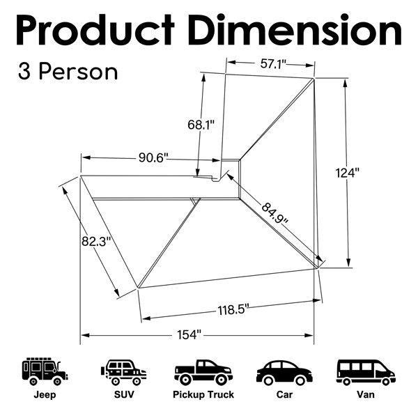 Dimension diagram of three-person size ROVEROLL 270-degree awning