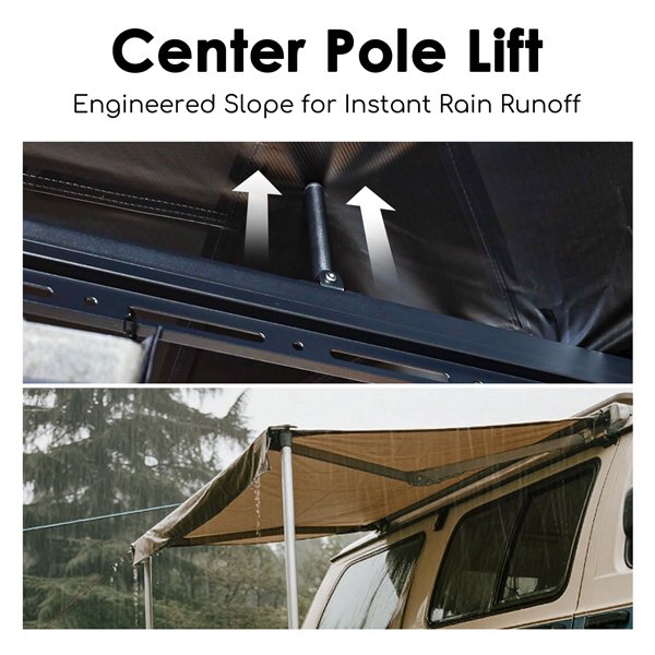 Frame support poles of ROVEROLL 270-degree awning designed to prevent water pooling