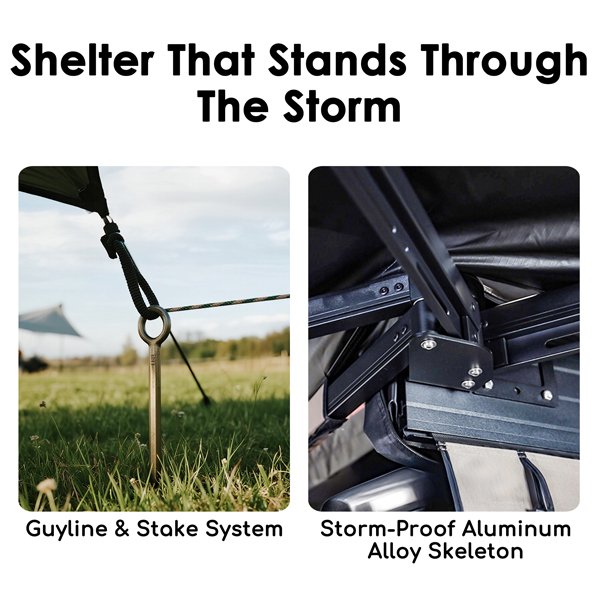 ROVEROLL 270-degree awning demonstrating strong wind resistance in outdoor setup