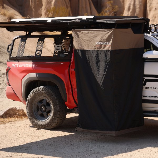 ROVEROLL Shower Tent in open position mounted on vehicle