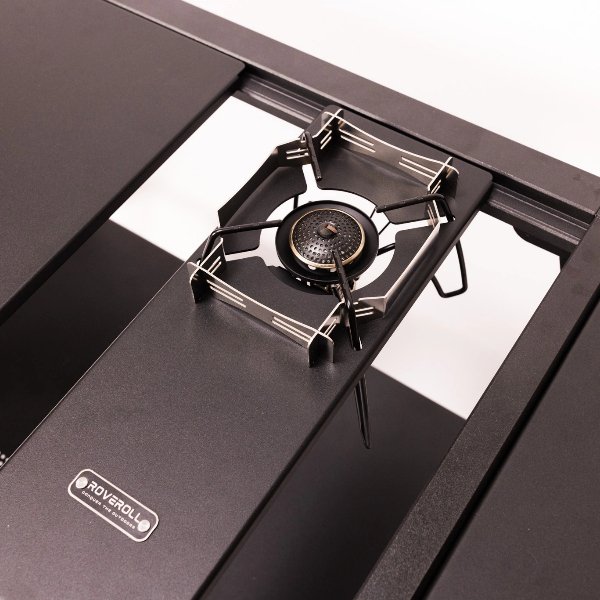 Spider Stove quickly integrated with GOCAMP-IGT Camping Kitchen Base Set using tool-free snap-on rail system