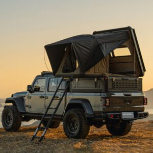 Roveroll Hardshell Camper Shell Cap, Truck Canopy with Rooftop Tent, with LED Light, USB Charing Station, Aluminum Ladder, Memory Mattress, Compatible for 2019-2025 Jeep Gladiator, 5 ft. Bed