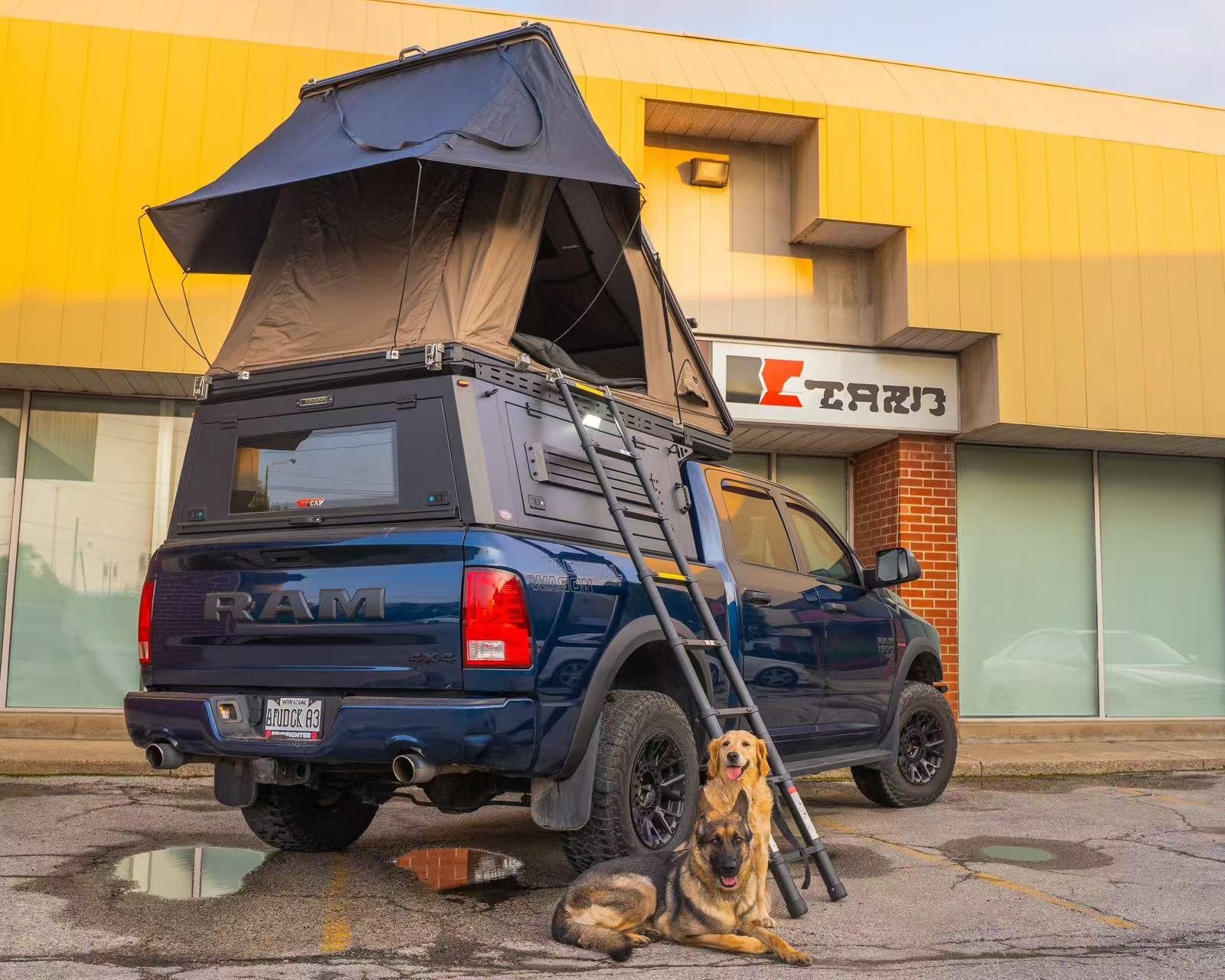 Roveroll roof top tent on overlanding truck